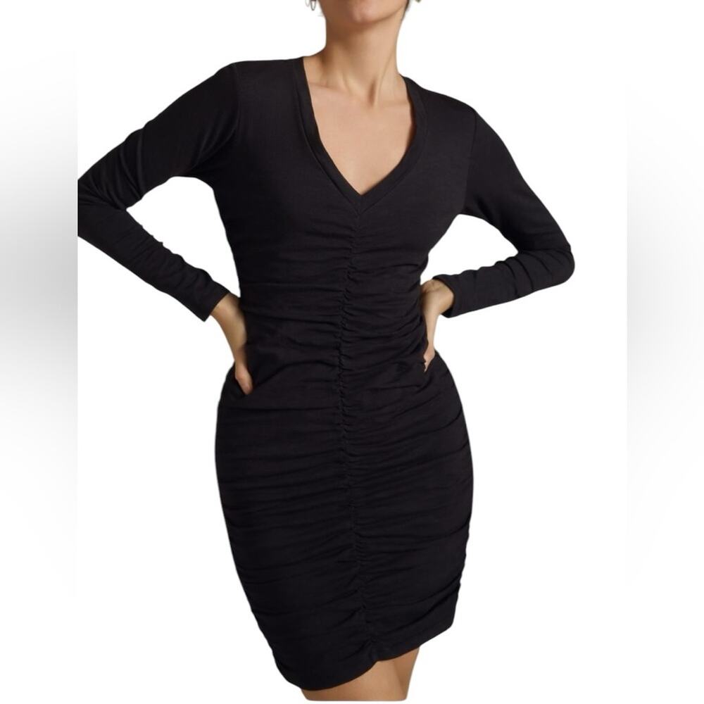 Sundry Ruched V-Neck Black Long Sleeve Mini Dress NWOTS size small 0